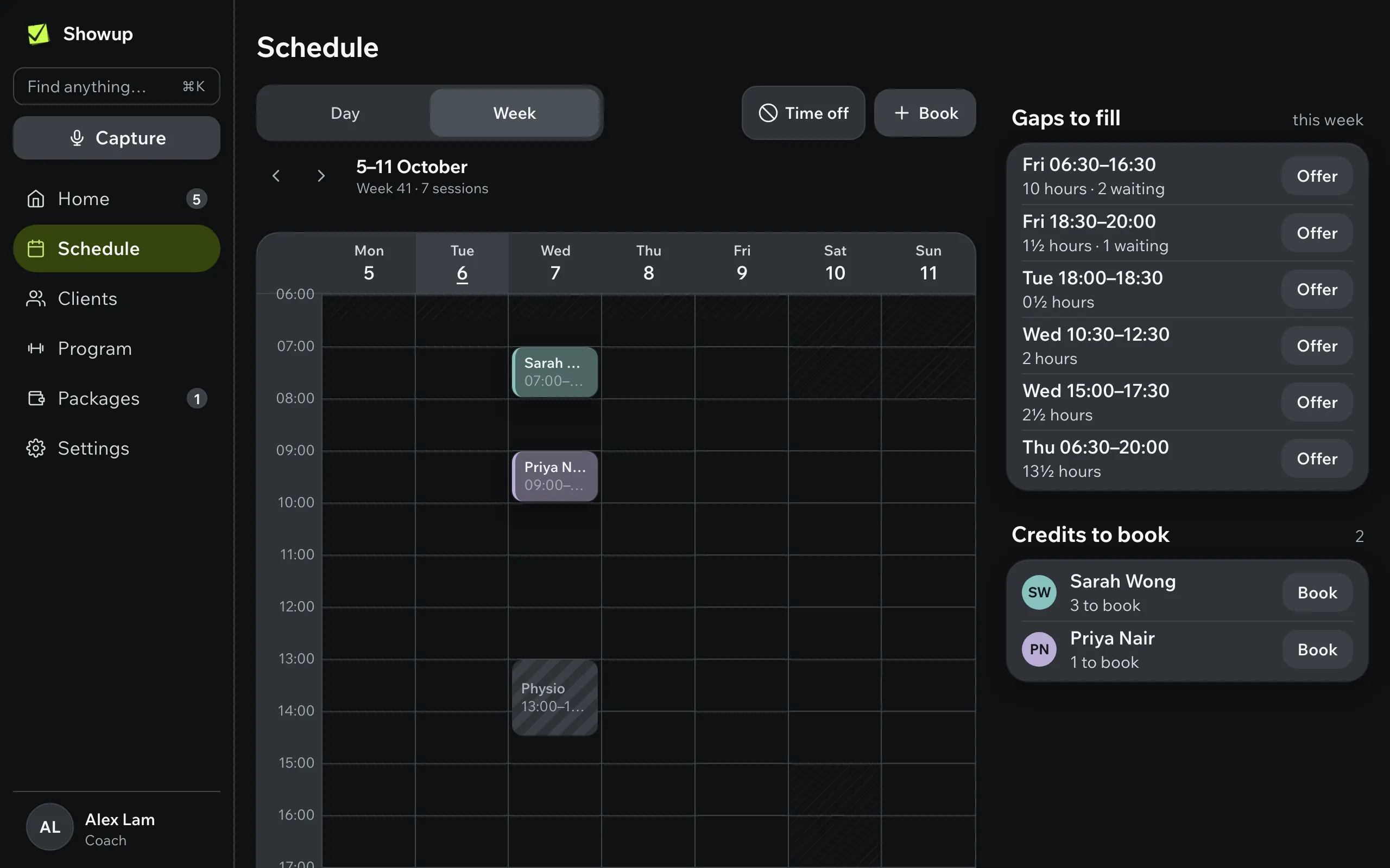 The week on a laptop: sessions in each client's colour, with the gaps to fill and the clients with credits still to book beside it