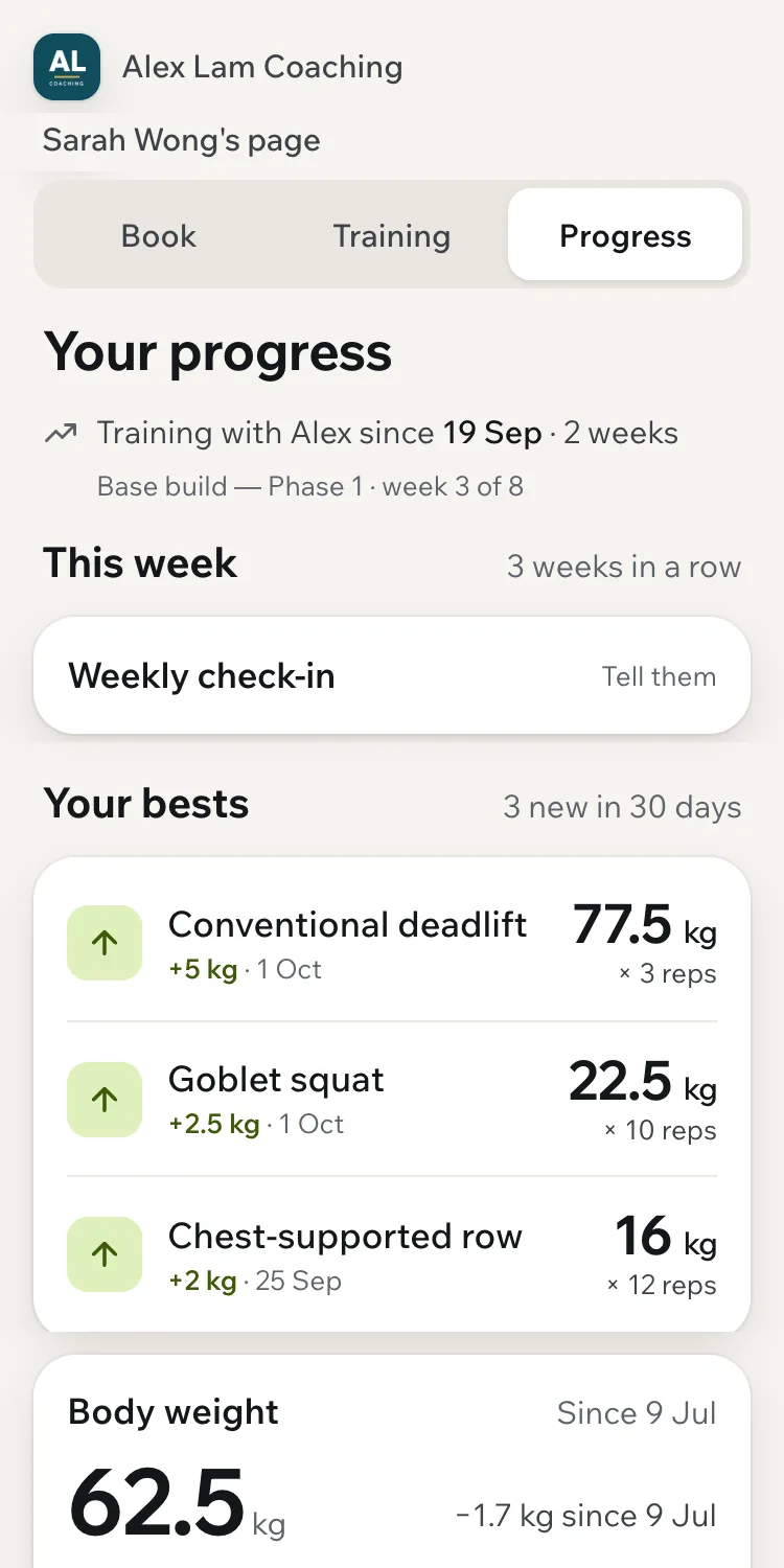 Sarah's page: her bests, deadlift 77.5 kg up 5 kg, and her body weight chart